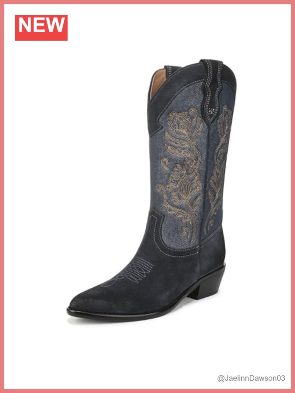 Suede Western Mid-Calf Boots with Embroidery Pointed Toe Cuban Heel